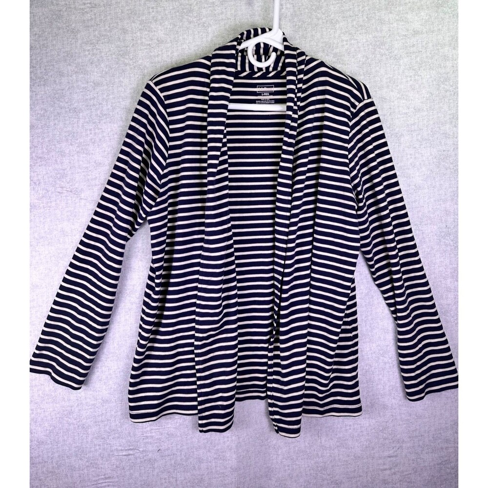 L. L. Bean Long Sleeve Striped Open Front Cardigan Navy Size Large Nautical